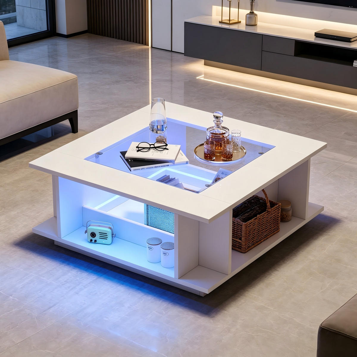 COUCHTISCH mit Hochglanz Weiß und Glasplatte integrierten Ablagen LED-Beleuchtung 70/70/30 cm - Weiß, Glas/Holzwerkstoff (70/70/30cm) - EVRYAE