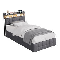 BETT mit Bettkasten 90x200 cm mit LED und USB, Polsterbett 90x200, Einzelbett 90x200 mit Stauraum, Lattenrost, Kopfteil, Grau Leinenstoff - Grau, Textil/Metall (90/200cm) - GENKI LIVING