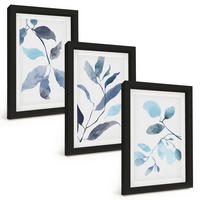 BILDER SET 3er Set - 20x30 cm Schwarzer Rahmen - Aquarell von blauen Blättern - Schwarz, Kunststoff (20/30cm) - TULUP