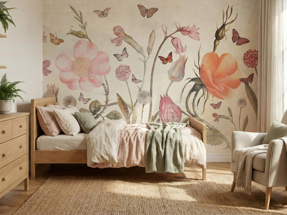 FOTOTAPETE für Kinderzimmer Wiesenblumen Aquarell Schmetterlinge Boho 500x350 - Beige/Rot, Papier (500/350cm) - Muralo