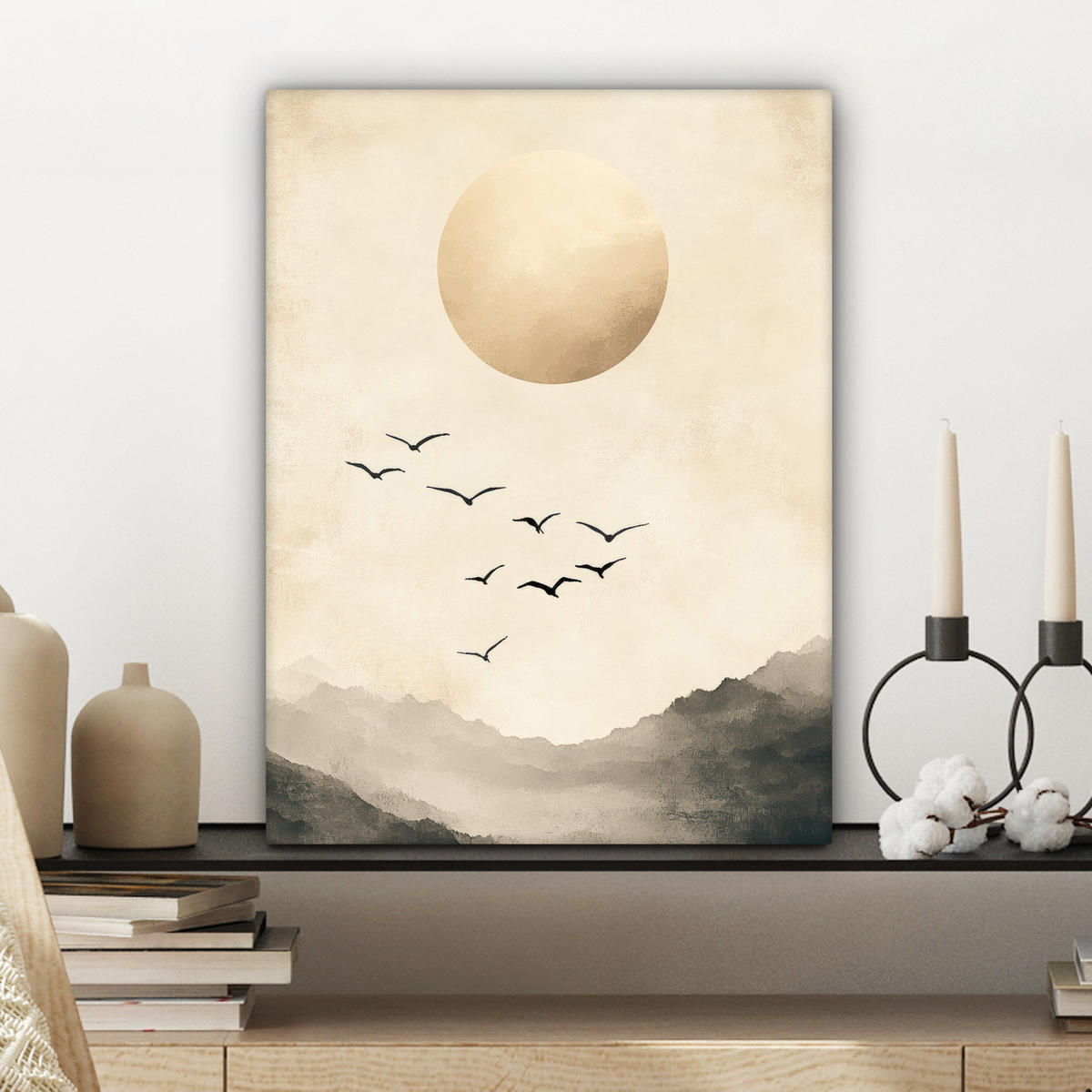 LEINWANDBILD Landschaft - Japandi - Vogel 30x40 cm - Beige, Textil (30/40cm) - MuchoWow