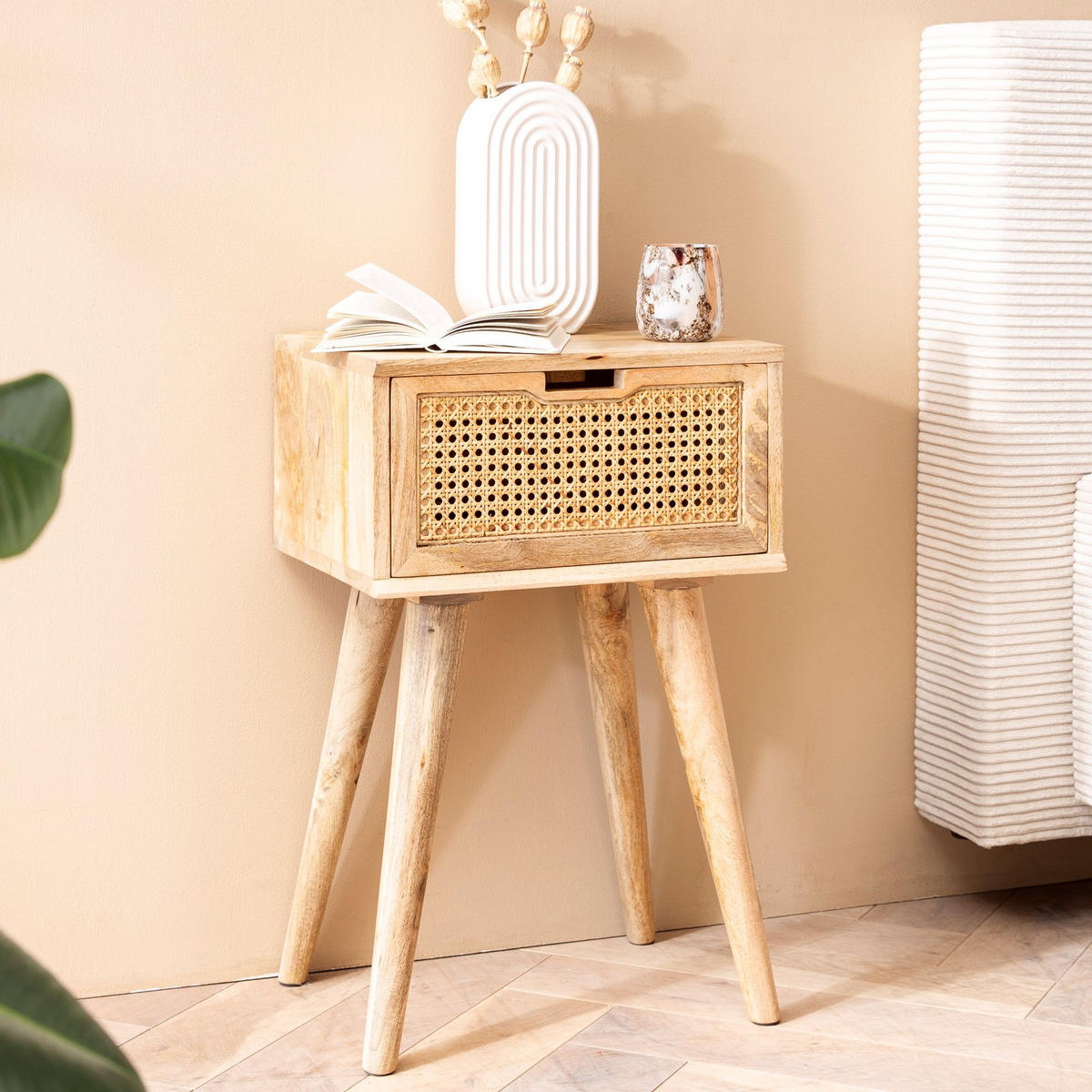 NACHTTISCH – Mango Massivholz/Rattan, 40x60x30 cm, Braun, 1 Schublade, Wiener Geflecht - Braun, Holz (40/60/30cm) - KADIMA DESIGN
