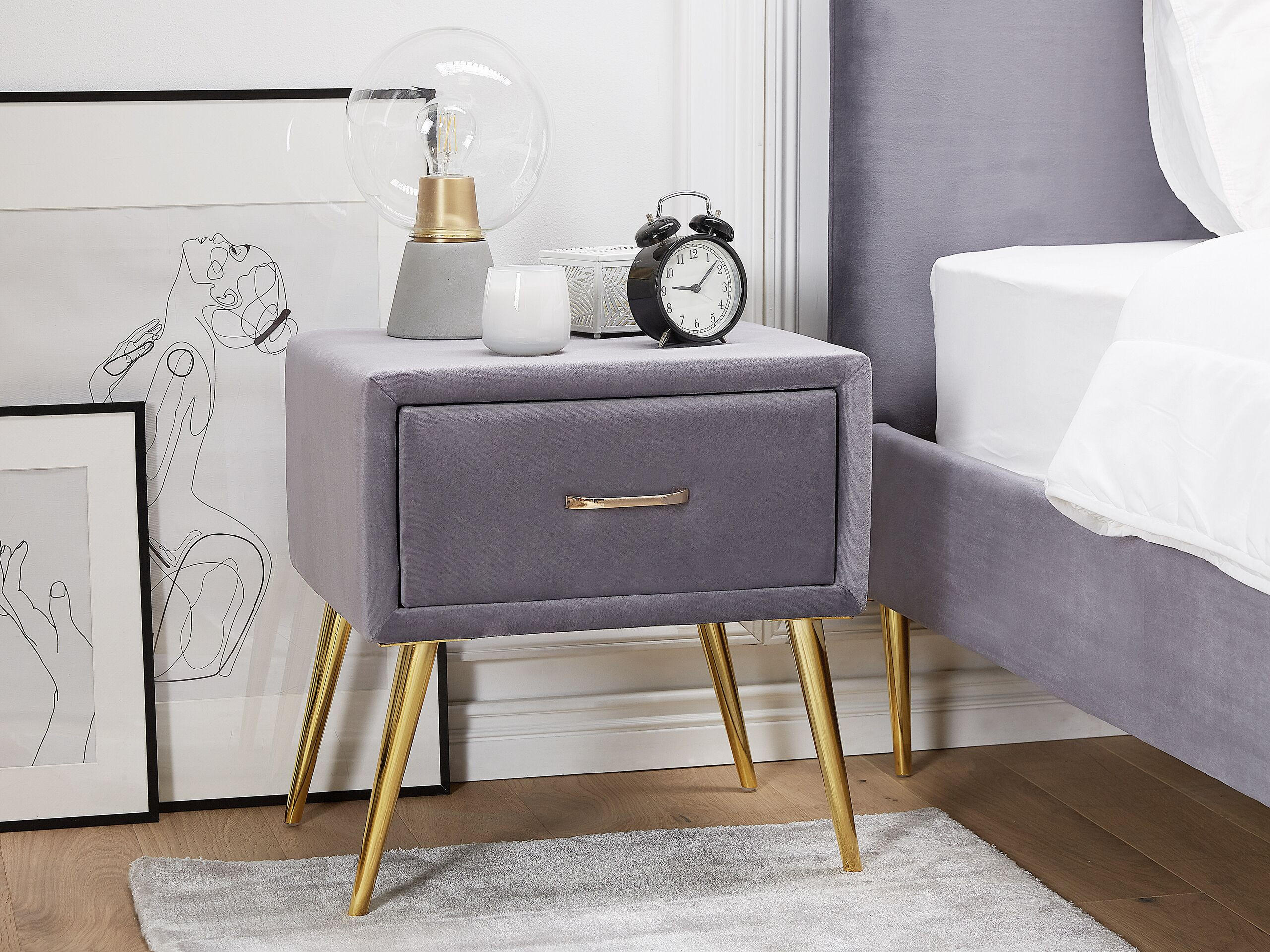 NACHTTISCH Samtstoff grau/gold 1 Schublade 38/46/49 cm Flayat - Goldfarben/Grau, Textil (46/49/38cm) - Beliani