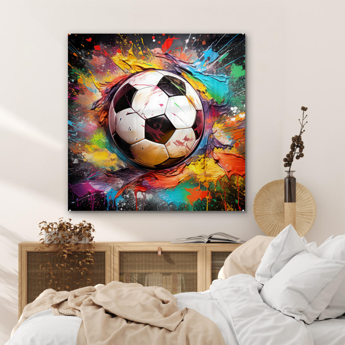 ACRYLGLASBILD Fußball - Farbe - Farben - Schwarz - Weiß 90x90 cm - Weiß, Glas (90/90cm) - MuchoWow