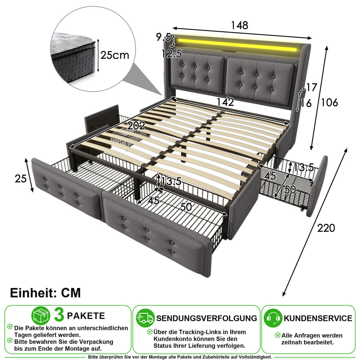 POLSTERBETT 140/200 cm in Grau mit 4 Schubladen, LED, USB und Matratze Stoff - Grau, Holzwerkstoff/Textil (140/200cm) - CHICFURN