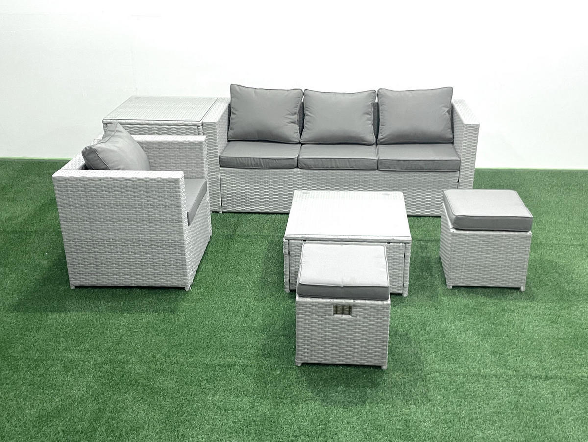 GARTENMÖBELSET mit 3-SITZER SOFA,COUCHTISCH Polyrattan Hellgrau-Mix 6-Sitzer - Hellgrau/Grau, Glas/Kunststoff - Fimous