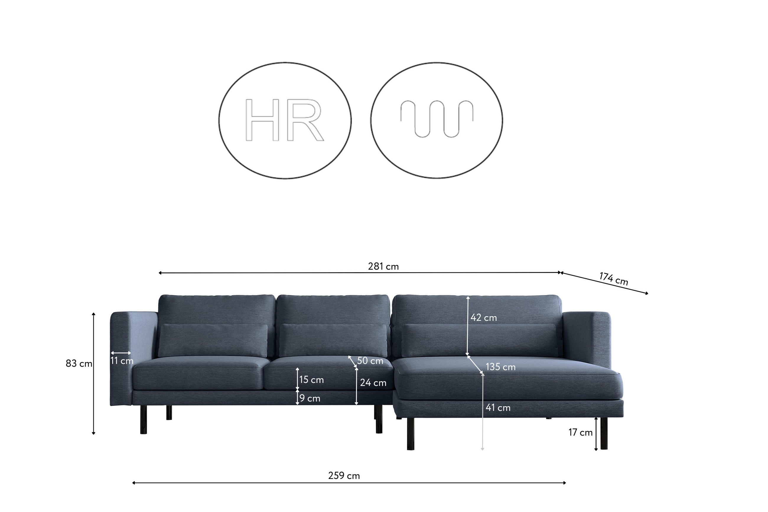 Thumbnail - Kaiser Möbel Ecksofa, Dunkelblau, Holz, L-Form, 281x174 cm, Wohnzimmer, Sofas & Couches, Wohnlandschaften, Ecksofas