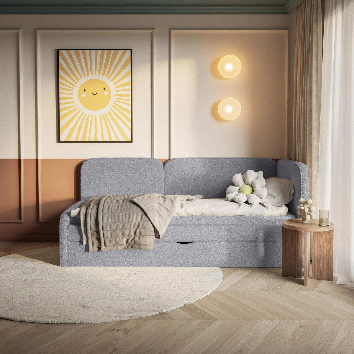 ČALOUNĚNÁ postel Cuddy, čelo vpravo, plyšová látka šedá, 90x200 cm - šedá/černá, textil/plast (90/200cm) - Selsey