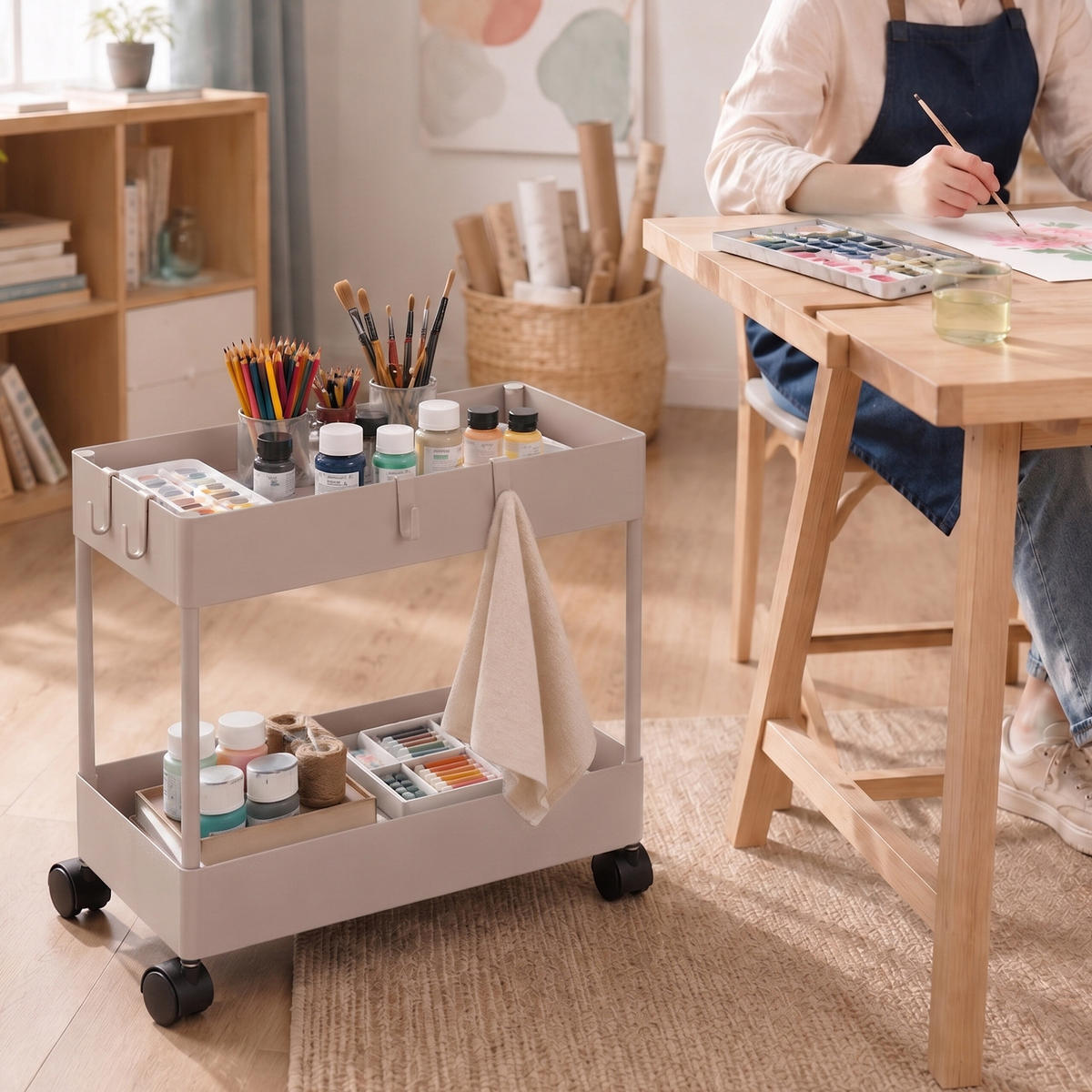 ROLLWAGEN - Beige, Kunststoff/Metall (39.5/38/21.5cm) - Relaxdays