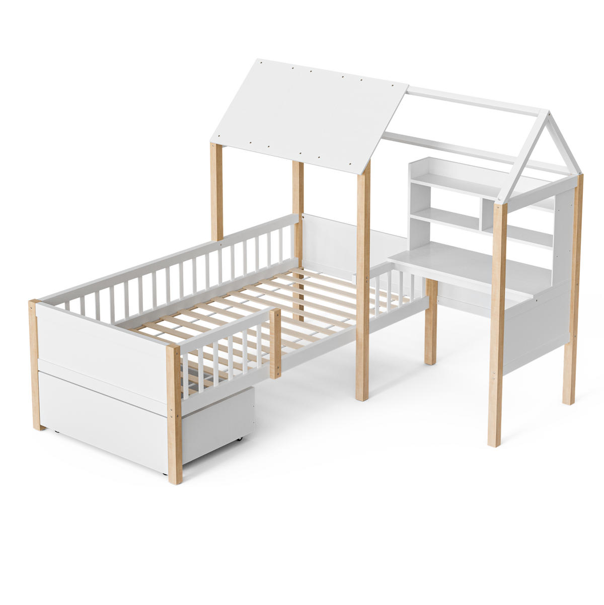 HAUSBETT 90/200 cm in Weiß mit Schreibtisch, Regal und Stauraum - Weiß, Holz (90/200cm) - Flora Grace