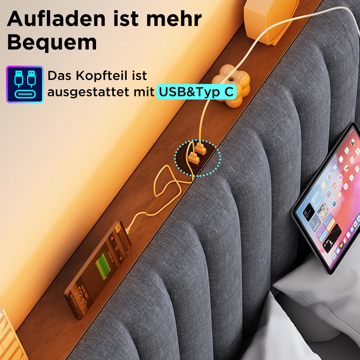 POLSTERBETT 140/200 cm Grau aus Leinen mit LED-Kopfteil - Grau, Textil (140/200cm) - OKMYHOME