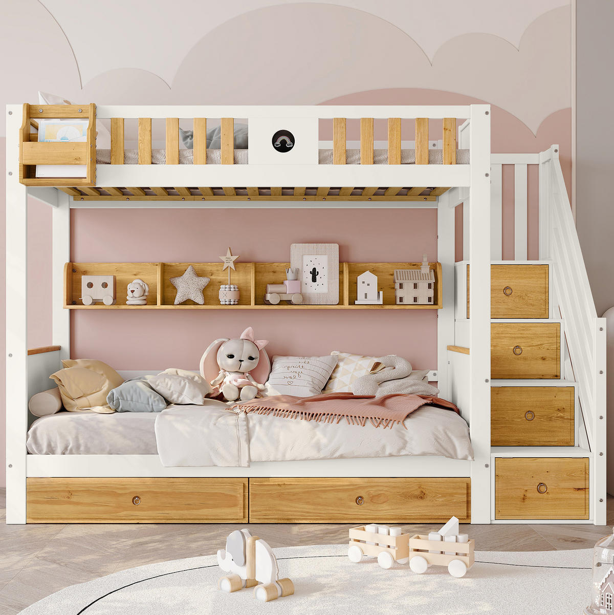 ETAGENBETT 90/200 cm mit Stauraumtreppe, Fallschutz, 2 Schubladen und Regal aus Kiefernholz & MDF, Weiß/Natur - Weiß, Holzwerkstoff (90/200cm) - Redom