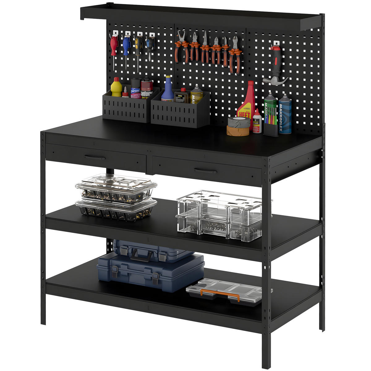 WERKBANK DE-18999 272 kg Traglast, Lochwand, 2 Schubladen Schwarz - Schwarz, Metall (61/156/122cm) - ComfortXL