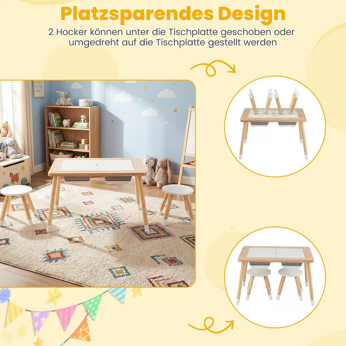 KINDERSPIELTISCH Runder natur(3-tlg) - Naturfarben, Holz (81/50/58cm) - COSTWAY