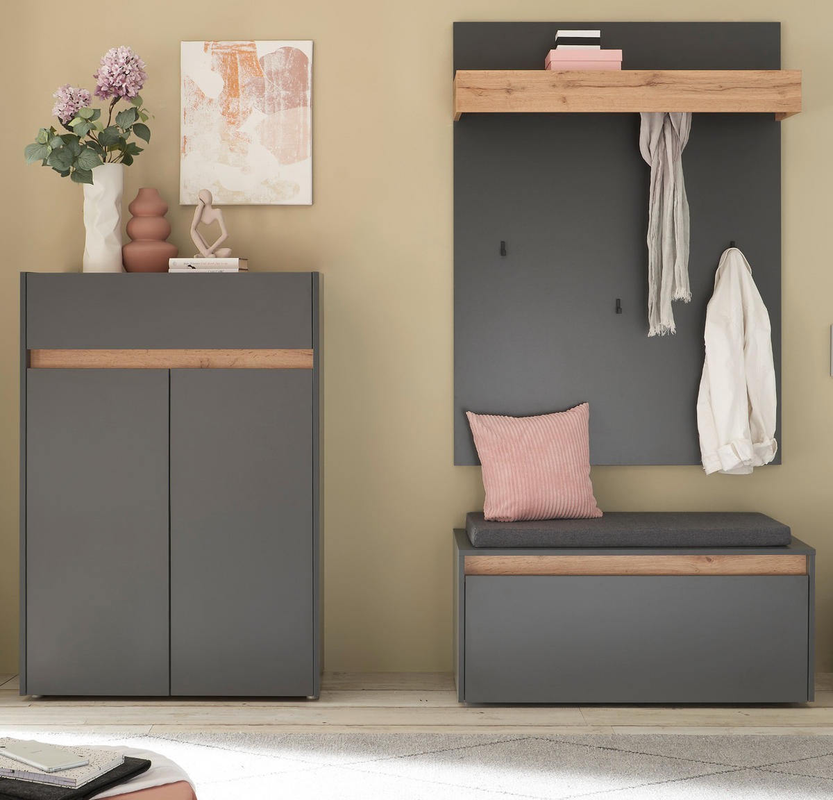 GARDEROBEN-SET grau matt, Eiche Wotan 4-teilig 195 cm, Sitzbank inklusive Sitzkissen - Eiche Wotan/Schwarz, Holzwerkstoff/Kunststoff (195/200/40cm) - Furn.Design