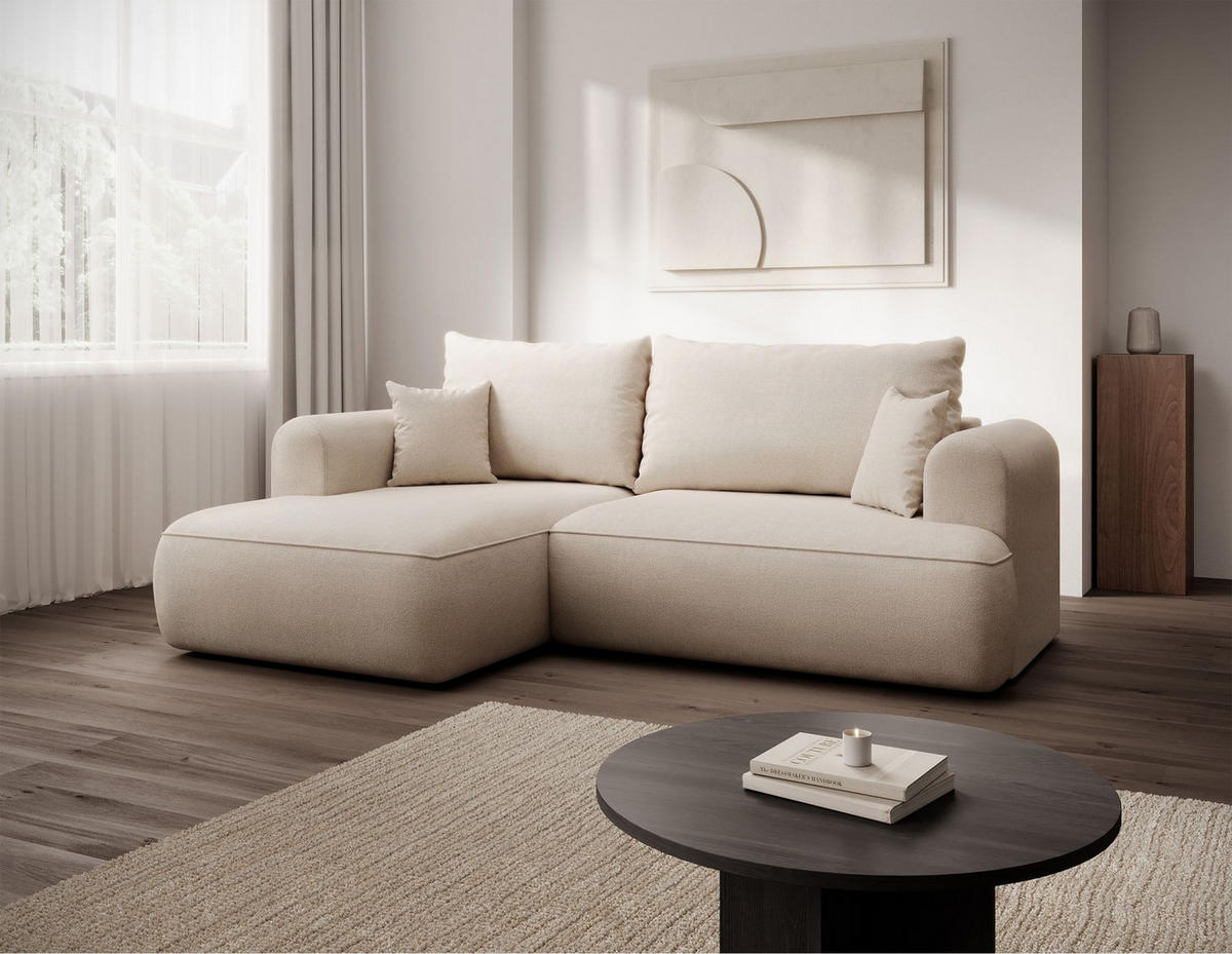 ECKSCHLAFSOFA Ovo Mini Creme Easy-Clean-Chenille-Bezug - Creme/Schwarz, Kunststoff/Textil (238/156cm) - Selsey