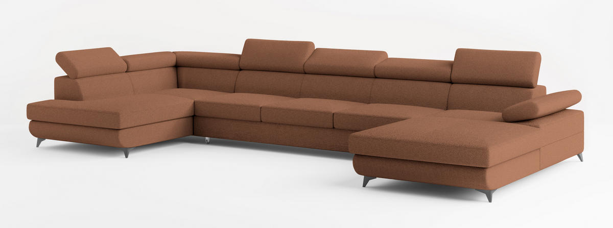 WOHNLANDSCHAFT MONTIVA Kupferfarben Boucle-Stoff mit Schlaffunktion - Kupferfarben, Holz (410/89/190cm) - MASSENO