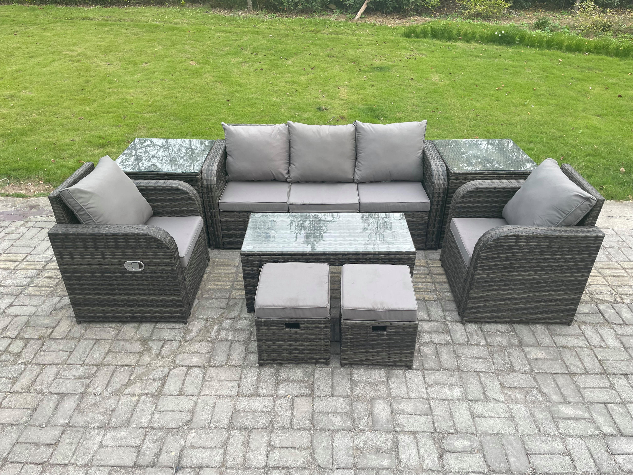 GARTENSOFA SET mit LIEGESTUHL Polyrattan 7-Sitzer Dunkelgrau - Dunkelgrau/Grau, Glas/Kunststoff - Fimous