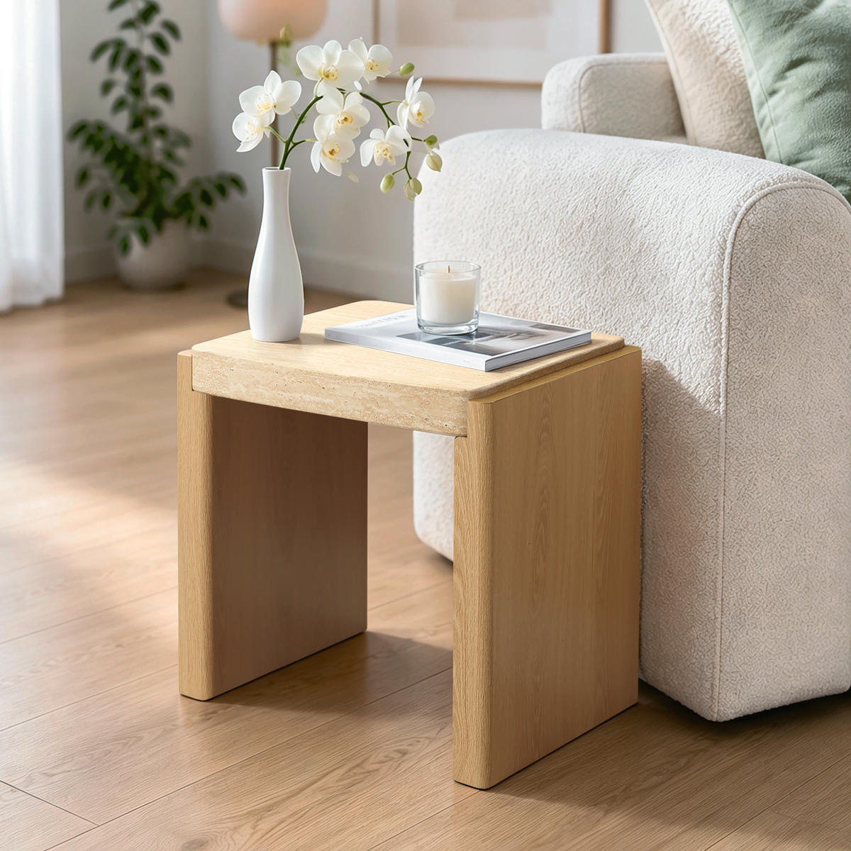 COUCHTISCH Holz mit Travertin-Optik, 49 × 40 × 46 cm - Braun, Holzwerkstoff (40/49/46cm) - Hometopia