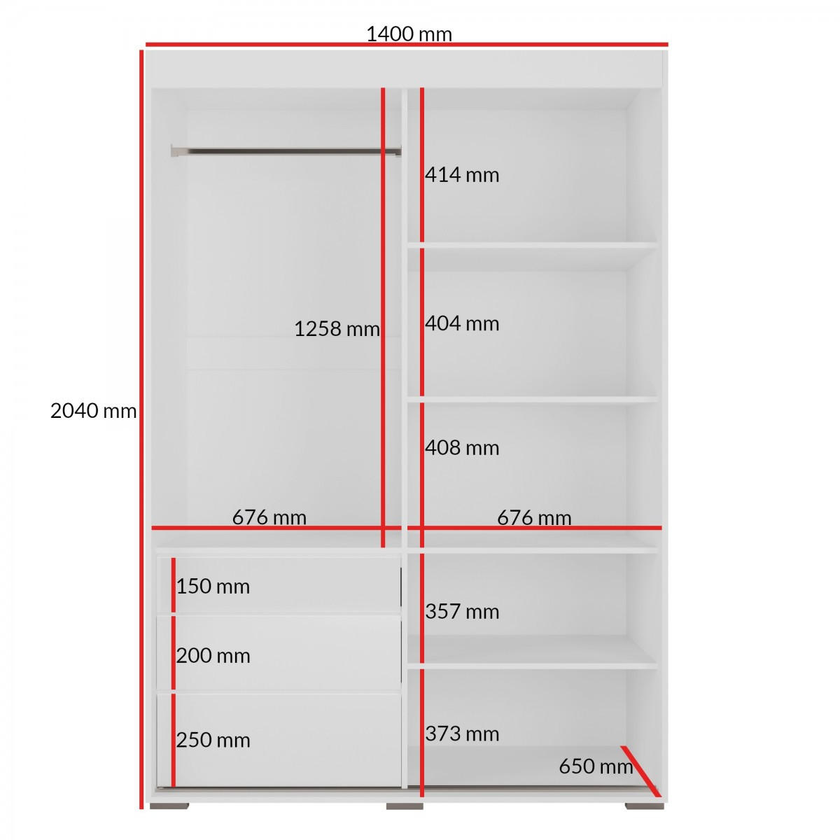 SCHIEBETÜRENSCHRANK mit Schubladen und Spiegel Torino 2D1L 140 Weiß (Lacobel) - Silberfarben/Weiß, Holzwerkstoff/Metall (140/204/65cm) - mzm24