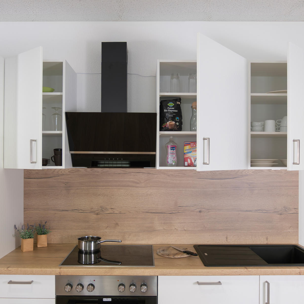 KÜCHENLEERZEILE „Freiburg“ 210 cm – ohne E-Geräte – Premiumweiß – mit Zubehör - Edelstahlfarben/Weiß, Holzwerkstoff/Metall (210/210/60cm) - GEBA