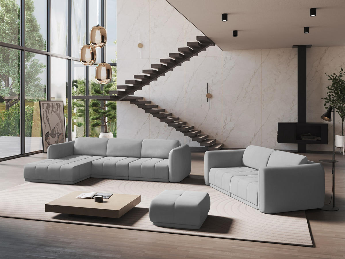 ECKSOFA Links Chenille Stoff Grau - Hellgrau/Schwarz, Kunststoff/Textil (170/290cm) - Makamii