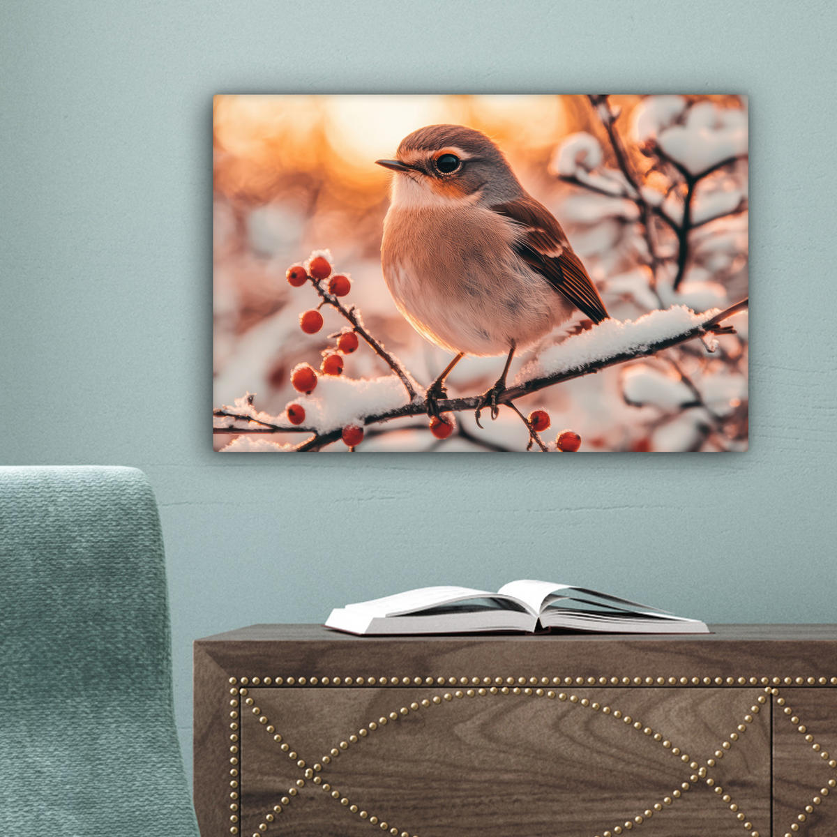 LEINWANDBILD Vogel - Zweig - Winter - Tiere - Schnee 30x20 cm - Bernsteinfarben, Textil (30/20cm) - MuchoWow