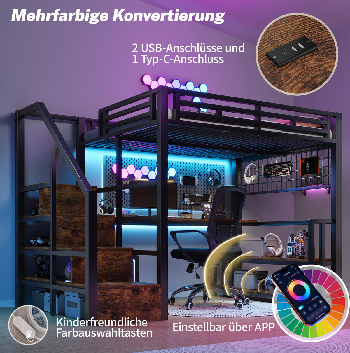 HOCHBETT 140/200 cm Schwarz aus Metall mit Schreibtisch - Schwarz, Metall (140/200cm) - OKMYHOME