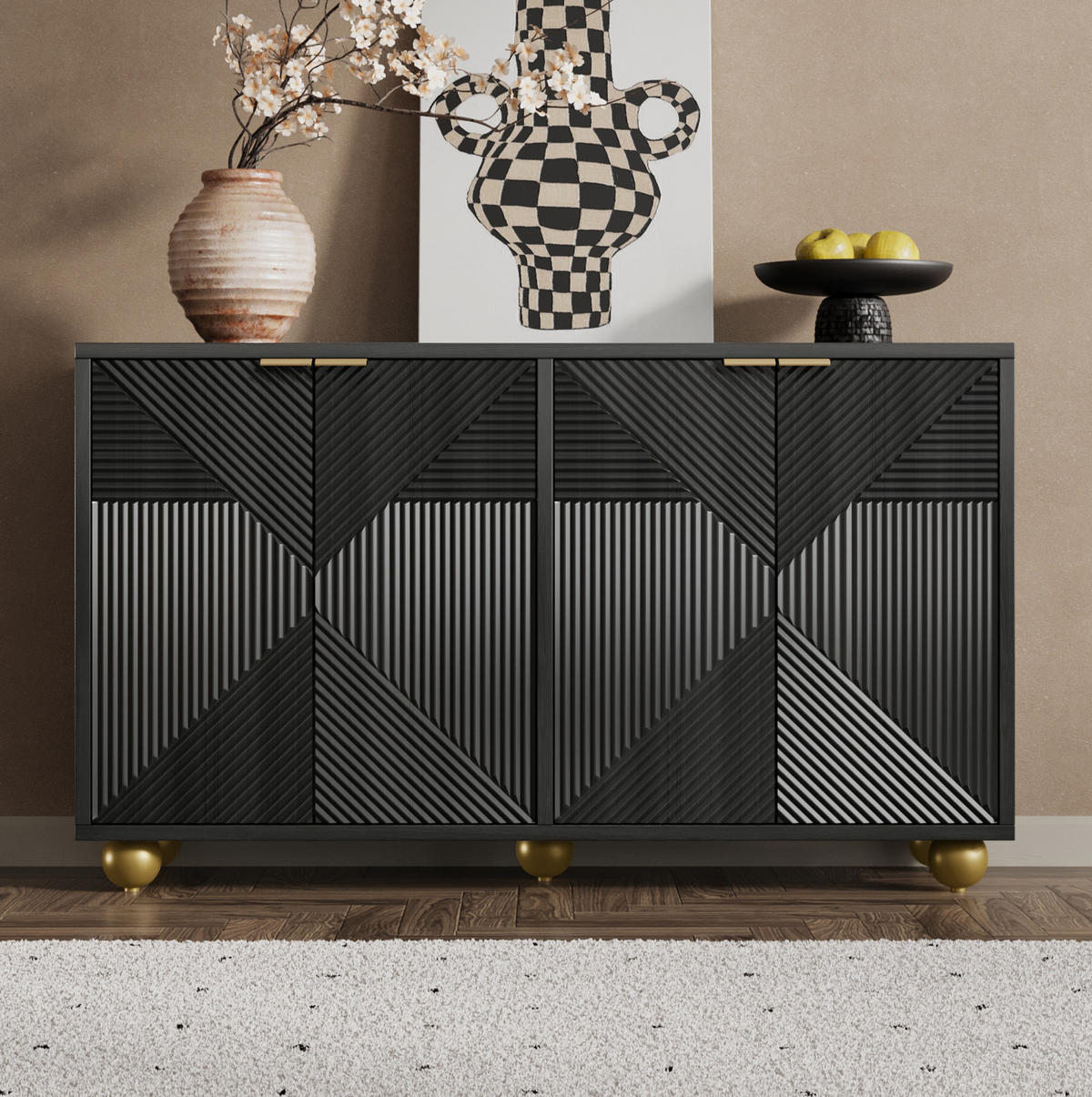SIDEBOARD 120/35/71.5 cm Schwarz aus MDF mit 4 Türen - Schwarz, Holzwerkstoff (35/71.5/120cm) - OKMYHOME