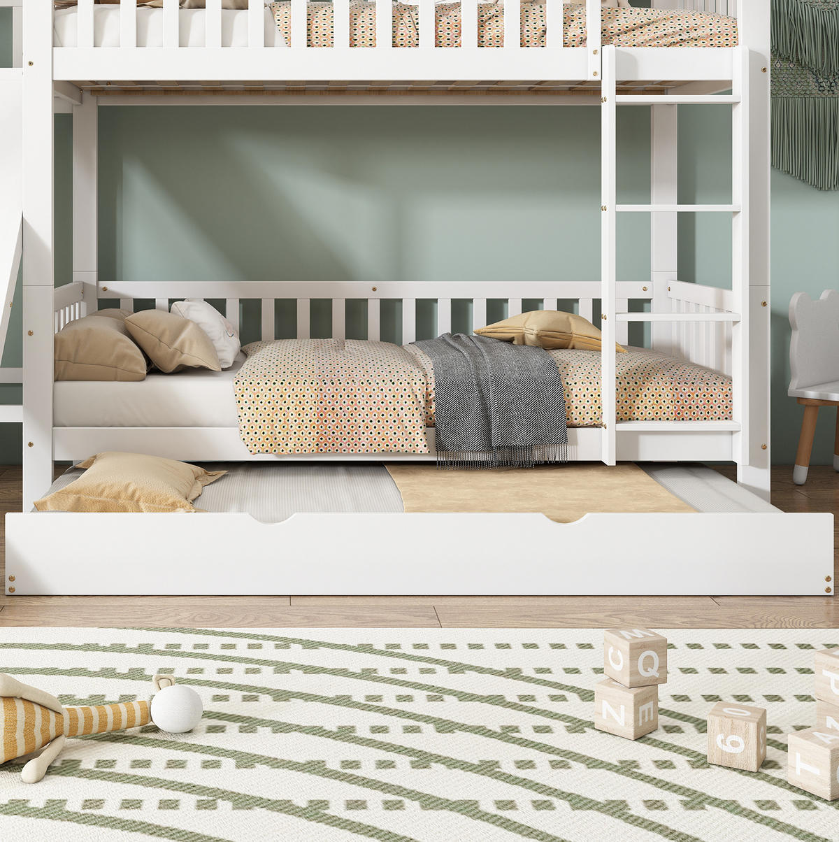 ETAGENBETT 250/172/170,5 cm aus Kiefer und MDF mit Rollbett und Rutsche Weiß - Weiß, Holzwerkstoff (90/200cm) - Modenvie