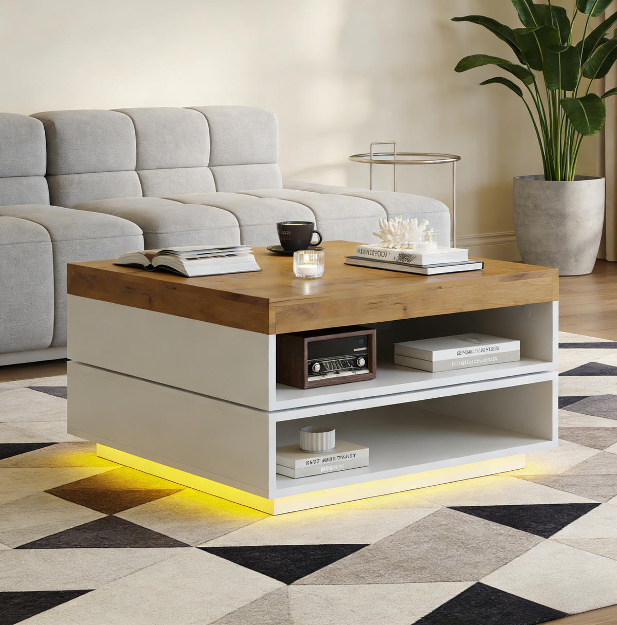 KONFERENČNÍ stolek 65/65/40 cm bílá a dubový dekor z MDF s LED a otočnou deskou - bílá, kompozitní dřevo (65/65/40cm) - OKWISH