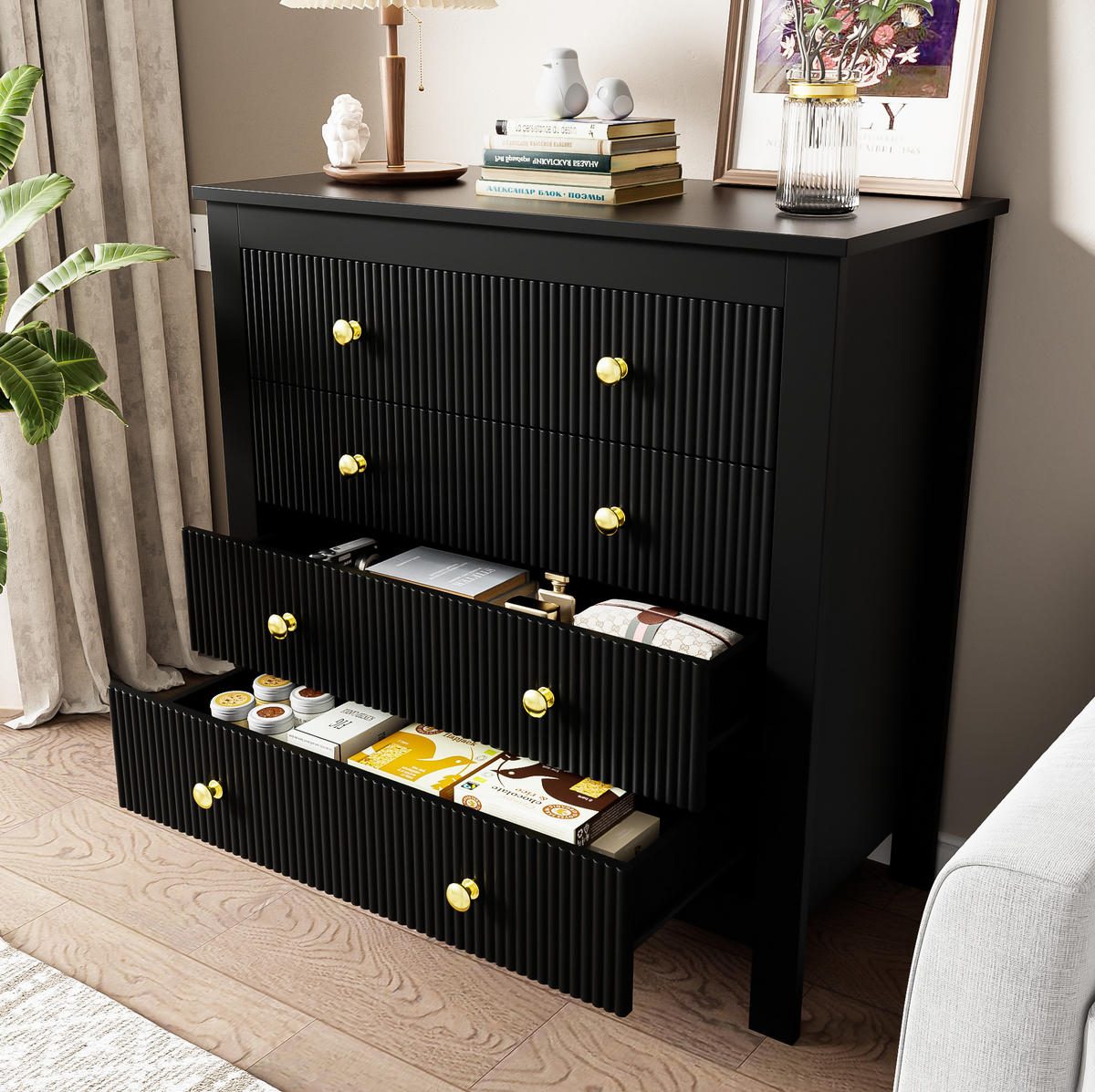 KOMMODE 79/39,5/80,5 cm aus Spanplatte mit 5 strukturierten Schubladen Schwarz - Schwarz, Holzwerkstoff (79/80.05/39.5cm) - Modenvie