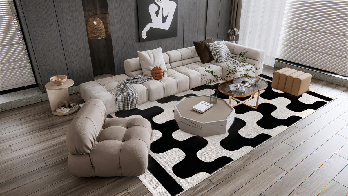 TEPPICH Zweiseitiger Schwarz Modern Abstrakt, Geometrisch - Kurzflor Rechteckig Weich - 200 x 300 cm - Creme/Schwarz, Textil (200/300cm) - Mazovia