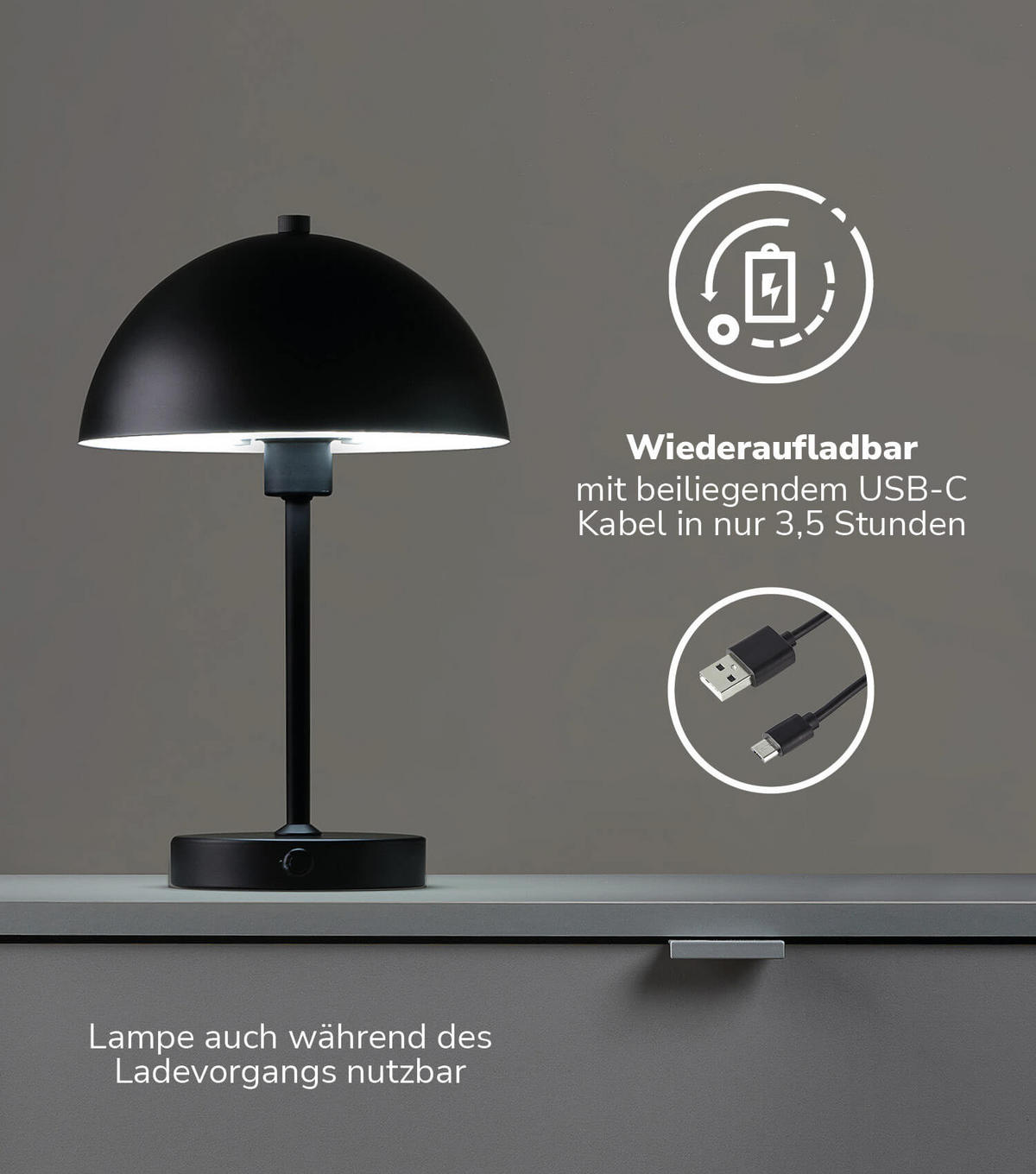 TISCHLAMPE KABELLOS Der Leuchtturm - Schwarz, Metall (20/20/31.5cm) - Mokebo