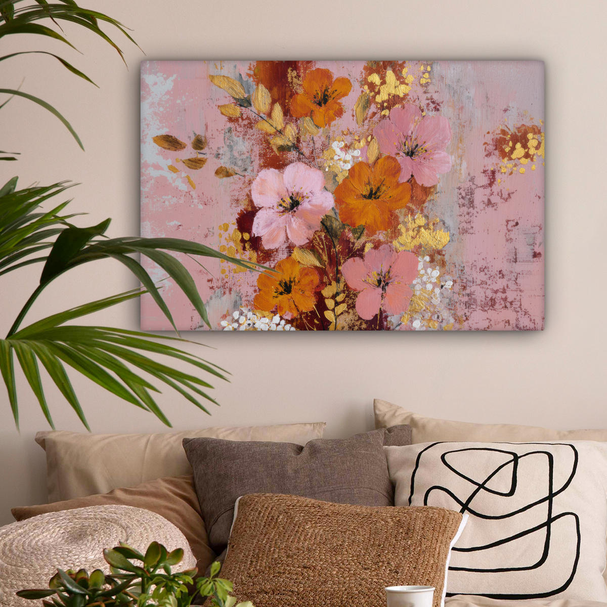 LEINWANDBILD Malerei - Blumen - Rustikal - Rosa Wanddeko 90x60 cm - Altrosa, Textil (90/60cm) - MuchoWow