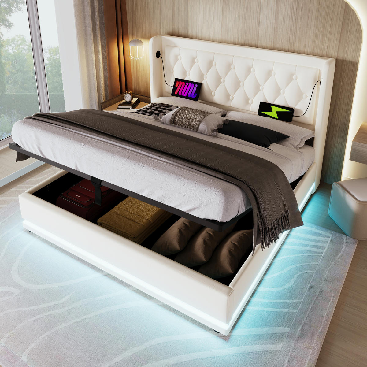 POLSTERBETT 160/200 cm Weiß PU mit hydraulischem Stauraum und USB-C-Anschlüssen - Weiß, Kunststoff (160/200cm) - OKWISH