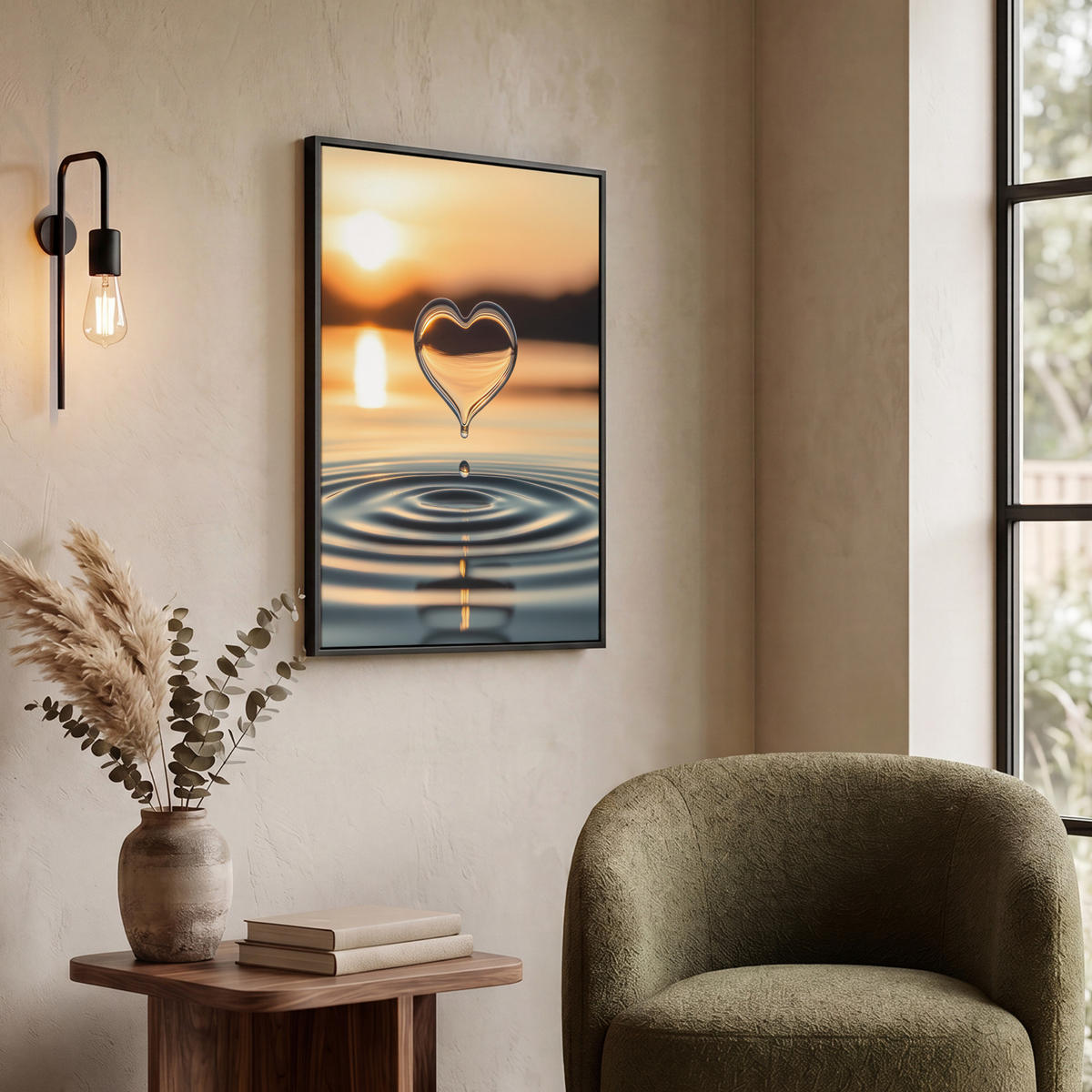 LEINWAND Bilder mit Rahmen - Herz - Wasser - Sonnenuntergang - Natur - Zen - 50x70 - Bernsteinfarben, Textil (50/70cm) - MuchoWow