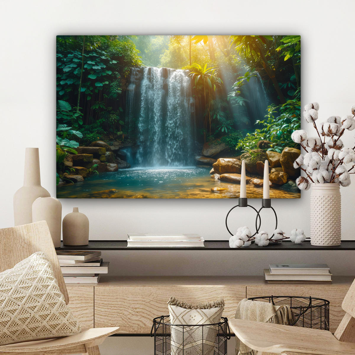 LEINWANDBILD Wasserfall - Dschungel - Sonne - Grün - Natur Wanddeko 90x60 cm - Grün, Textil (90/60cm) - MuchoWow