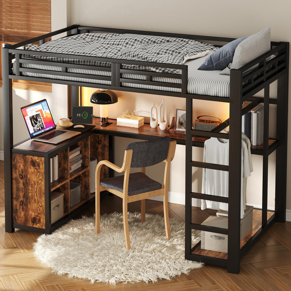 HOCHBETT 140/200 cm in Schwarz mit LED, USB, Schreibtisch und Stauraum - Schwarz, Holzwerkstoff/Metall (140/200cm) - STILVORA