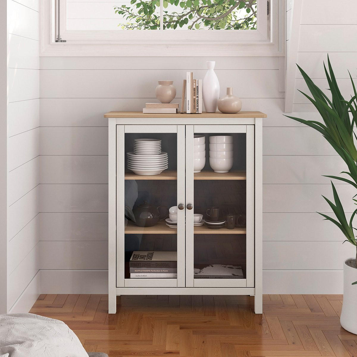 VITRINE 2 Türen L90 x H110 cm - Misti - Weiß, Holz (40/110/90cm) - Calicosy