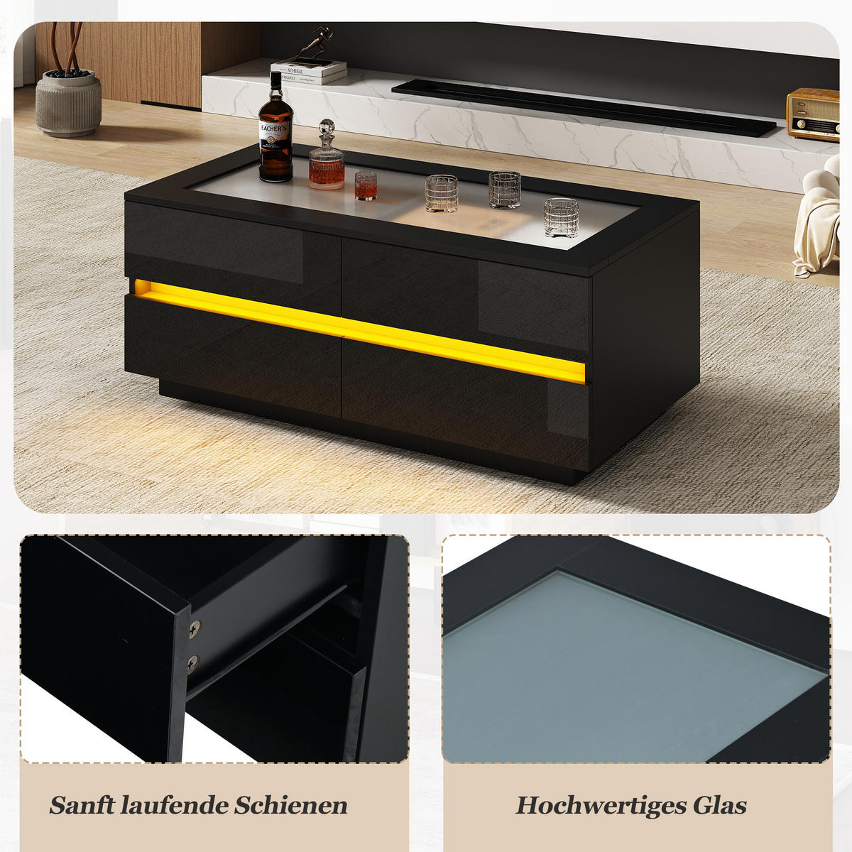 COUCHTISCH in Schwarz mit 4 Schubladen und LED-Beleuchtung für Wohnzimmer, B100/T50/H30 cm - Schwarz, Glas/Holzwerkstoff (50/100/40cm) - STILVORA