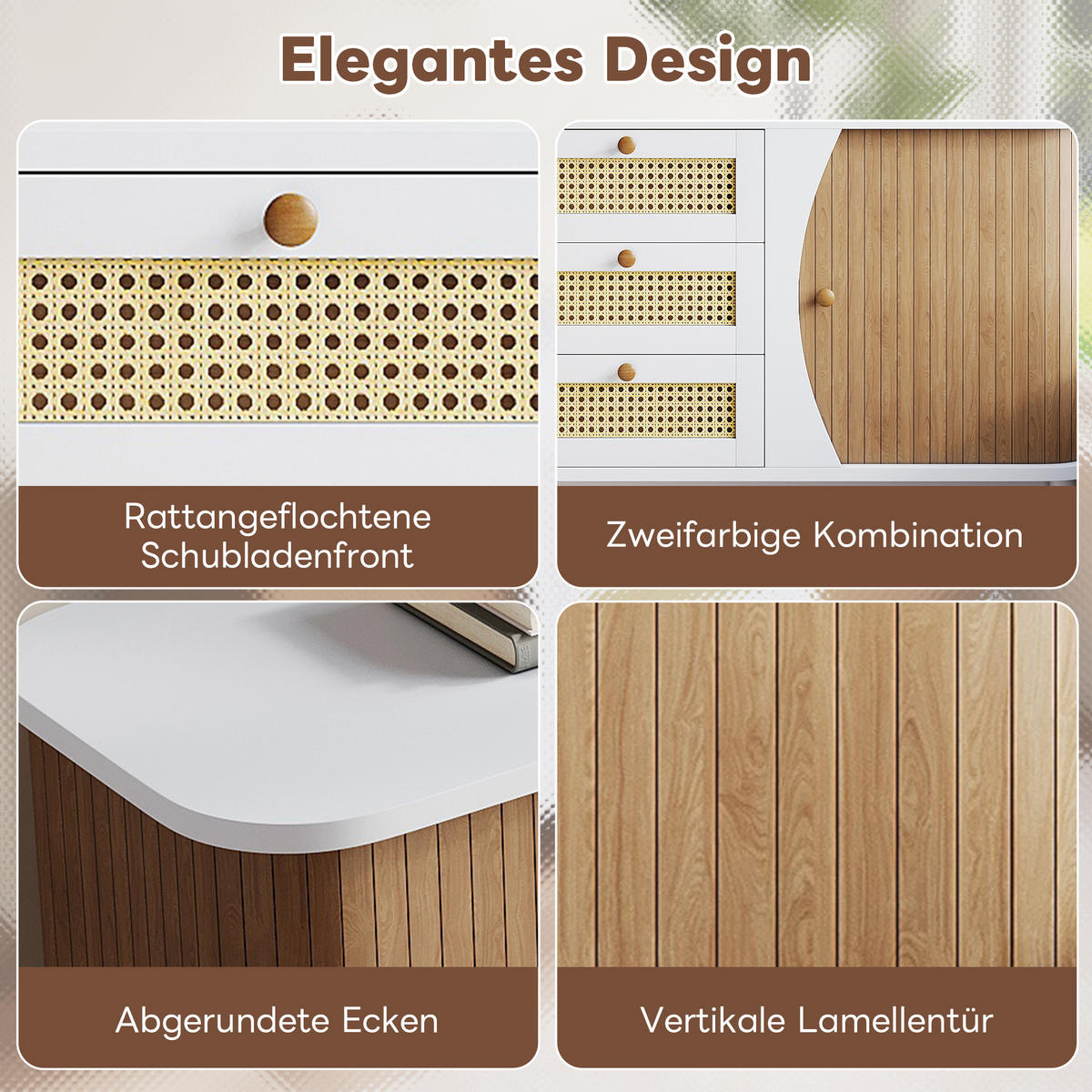 SIDEBOARD in Weiß & Holz-Optik Rattankommode mit 3 Schubladen & Bogen-Design - Weiß, Holzwerkstoff (140.5/76/40cm) - Urban Meuble