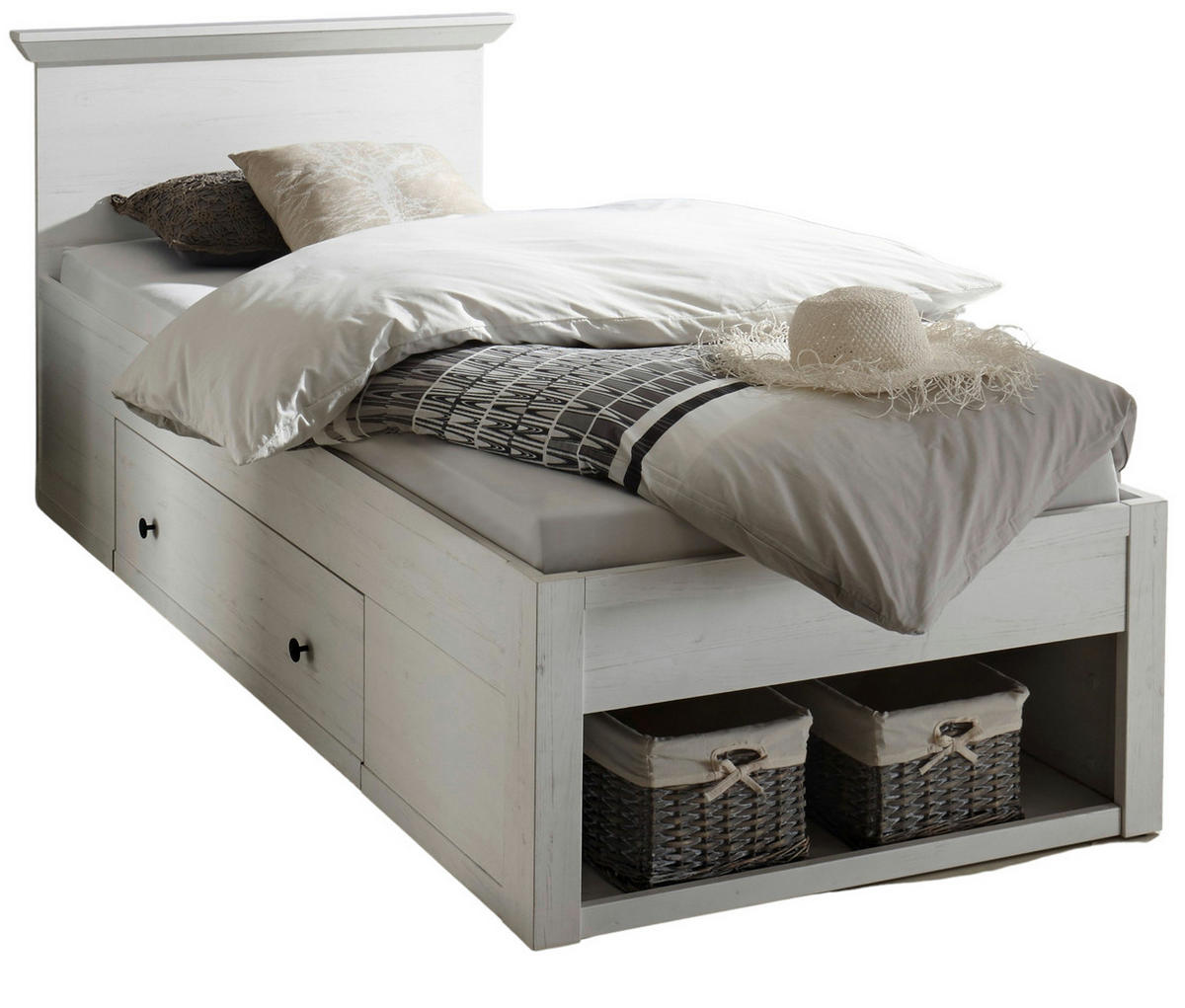 BETT Pinie weiß Liegefläche 90 x 200 cm, Stauraumbett mit Bettschubkasten - Schwarz/Weiß, Holzwerkstoff/Kunststoff (90/200cm) - Furn.Design