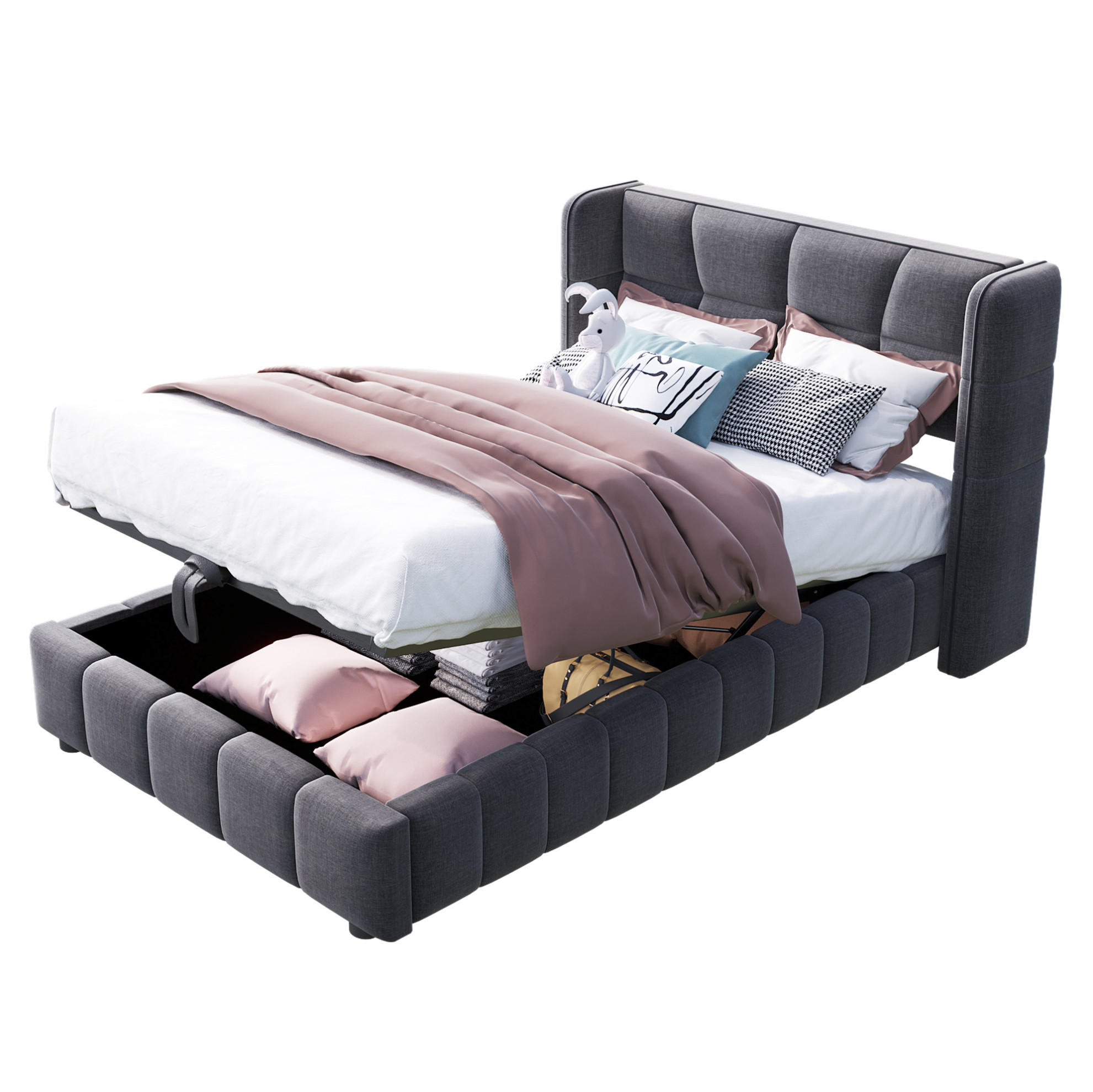 POLSTERBETT 90/200 cm Grau aus Stoff mit Stauraum - Grau, Textil (90/200cm) - OKMYHOME