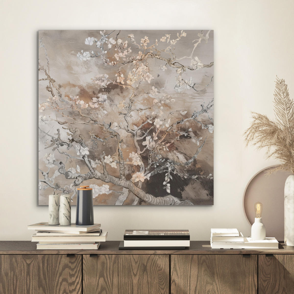 AKUSTIKBILD Mandelblüte - Kunst - Van Gogh - Beige - Abstrakt Wandbilder 60x60 cm - Braun, Kunststoff (60/60/0.9cm) - MuchoWow