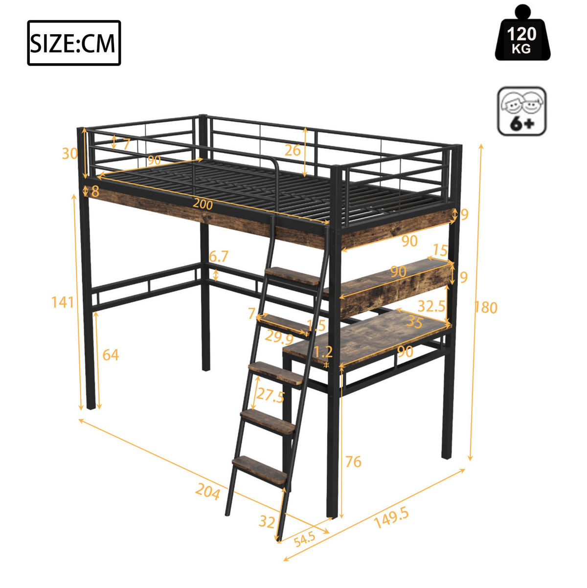 HOCHBETT 90/200 cm mit Schreibtisch, Regalen, Leiter und Geländer aus Metall, Schwarz - Schwarz, Metall (90/200cm) - Redom