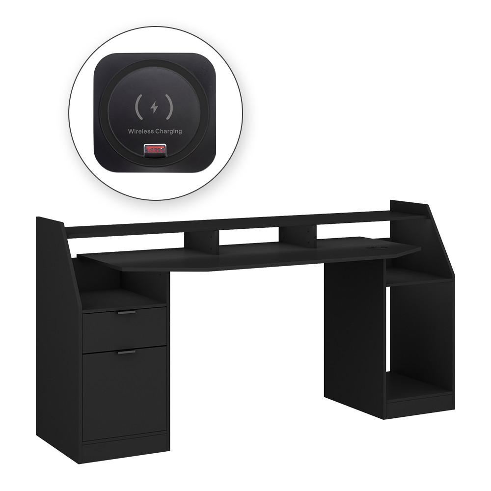 GAMING TISCH Sonic Schwarz 179.8 x 65.5 cm mit LED-Beleuchtung und QI- Ladestation - Schwarz, Holzwerkstoff (65.5/179/90.5cm) - Vicco