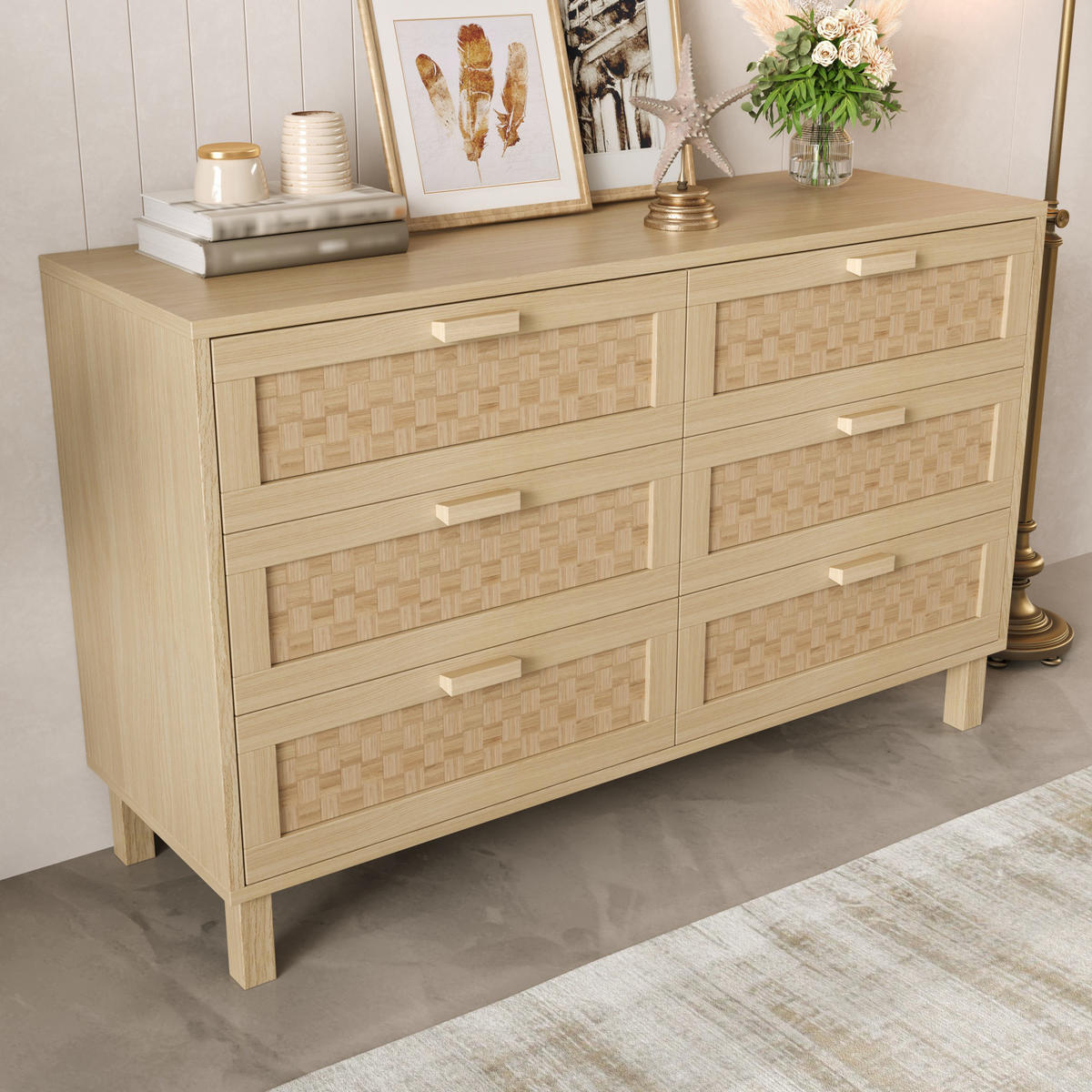 SIDEBOARD 6 Schubladen Naturholz Rattanoptik Stauraum - Naturfarben, Holzwerkstoff (40/75/120cm) - FLIEKS