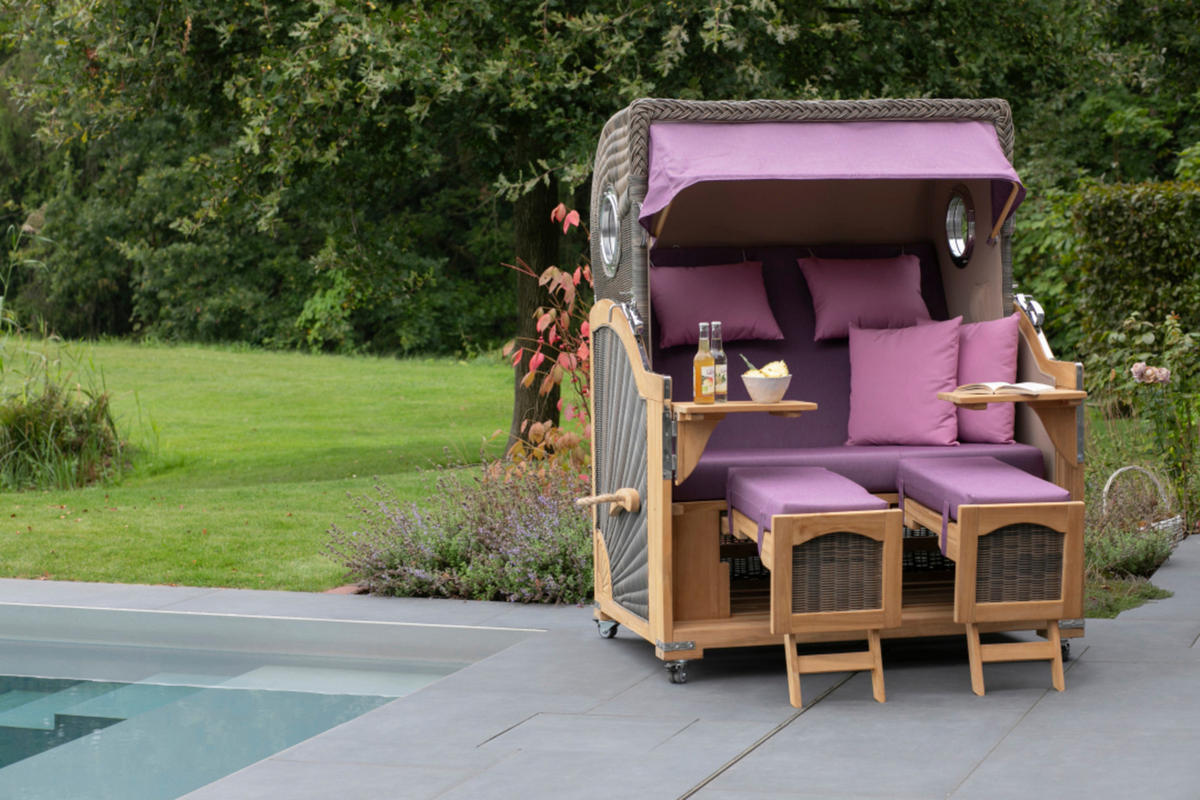 STRANDKORB Düne Grande Bullauge Teak PE Grey Dessin 590 - Violett/Lila, Metall (142/170/95cm) - Mr. Deko