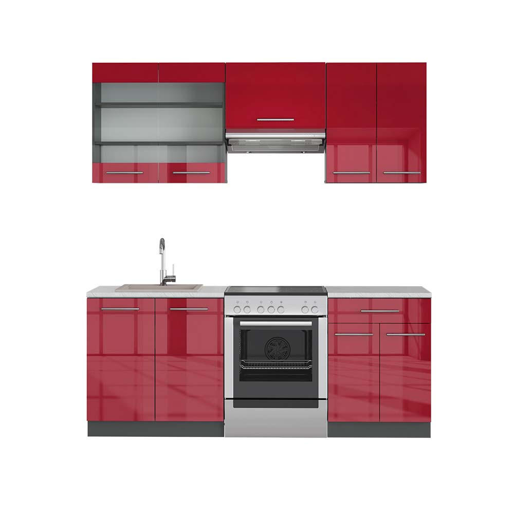 KÜCHENZEILE Fame-Line Bordeaux Hochglanz/Anthrazit 200 cm, AP Marmor - Bordeaux/Anthrazit, Holzwerkstoff (200/81.6/60cm) - Vicco